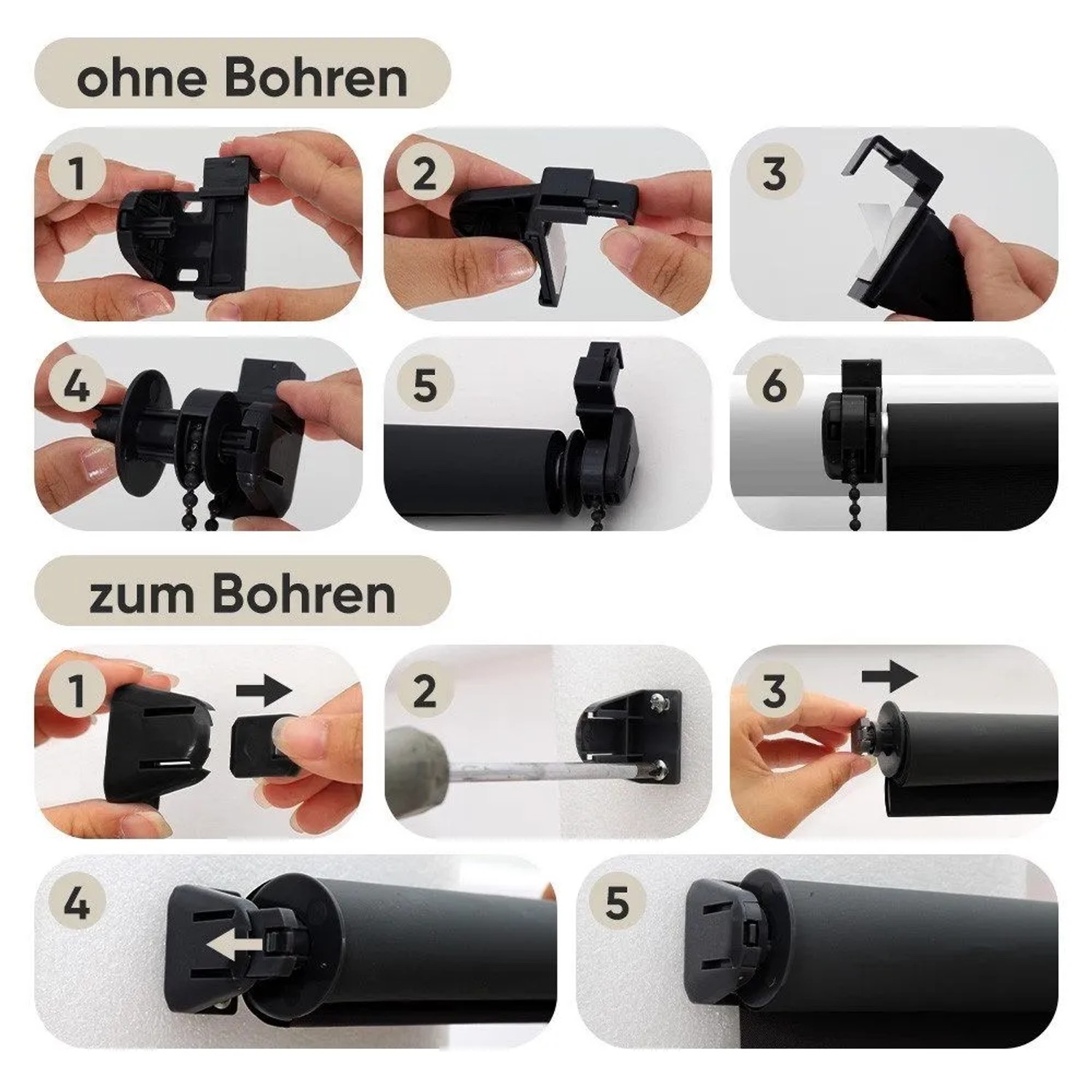 Montageanleitung: Sekey Verdunkelungsrollo ohne Bohren und mit Bohren, verschiedene Montageschritte.