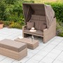 Gartenbank Rimini Natur mit Hülle, Lounge-Gartenmöbel aus Polyrattan mit Tisch und Hocker.