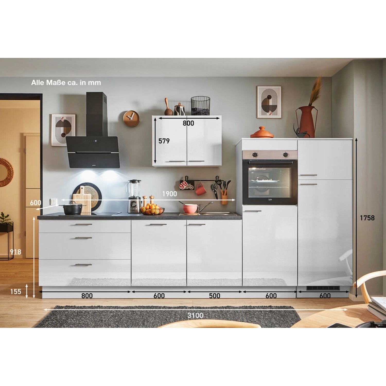 pino Küchenzeile 310 cm Lichtgrau Hochglanz Anschlag rechts 2 Geräteschränke