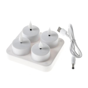 4er Set Marelida LED Teelichter mit Ladestation und USB-Kabel, flackernd weiß.