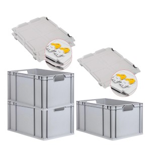 PROREGAL Spar Set: 3 graue Euroboxen mit Scharnierdeckel und gelben Verschlüssen, 65 Liter.