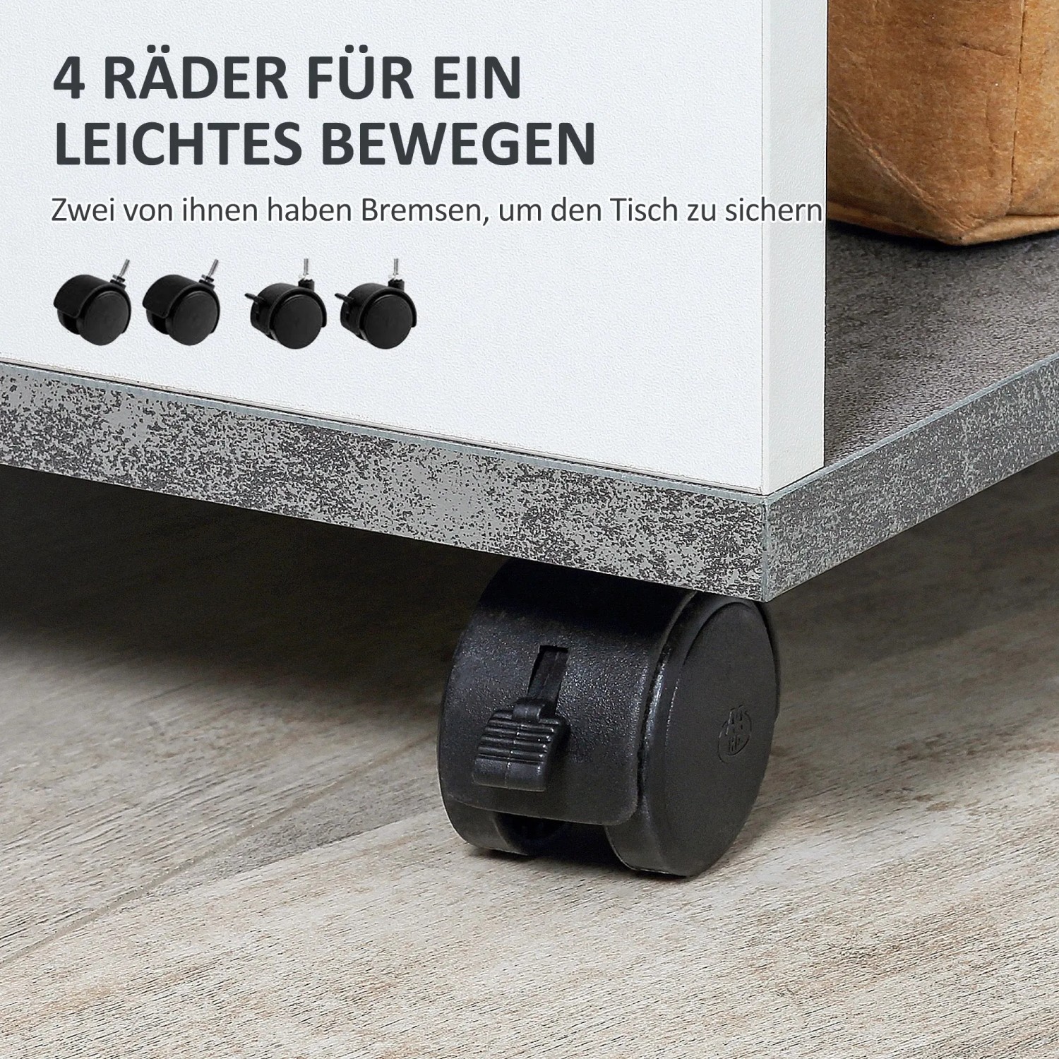 Schwarzes Rad mit Bremse am grauen Unterboden des HOMCOM Nachttischs. 4 Rollen für leichte Bewegung.