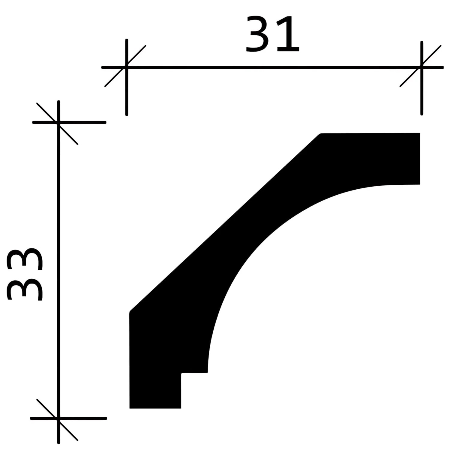 Profilzeichnung der weißen PROFHOME Eckleiste (33x31mm) im 20er Set (40m) für Decken und Wände.