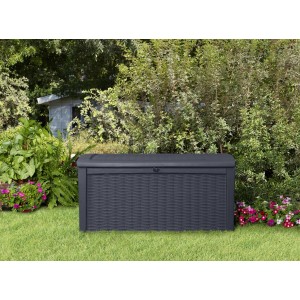 Anthrazitfarbene Keter Auflagenbox Borneo 110G/416L in Rattanoptik für Gartenauflagen und Sitzkissen.