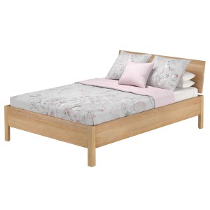 Metallfreies Doppelbett aus Buchenholz, 140x200 cm, Modell 93. Bett mit floraler Bettwäsche und Kissen.