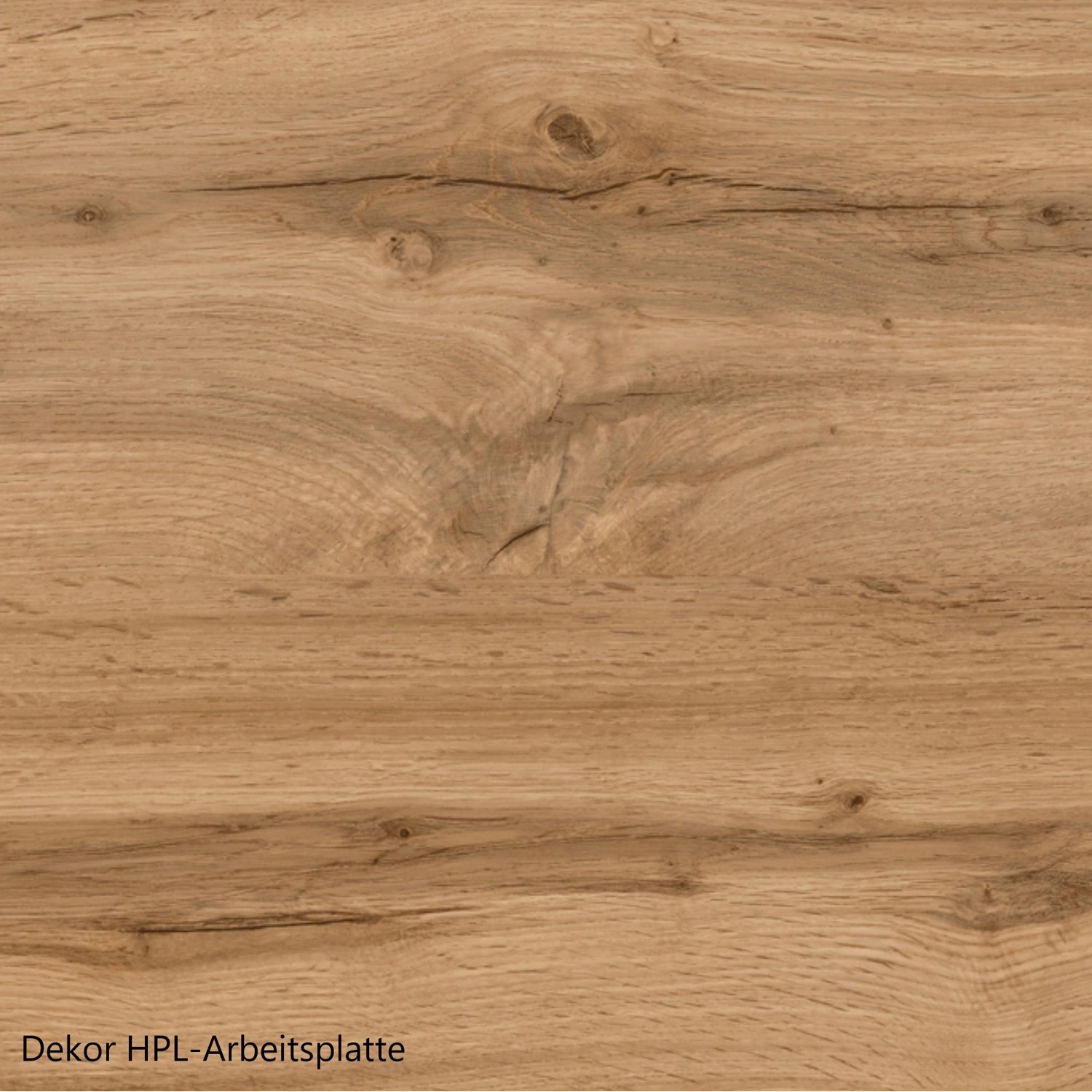 Detailaufnahme der Arbeitsplatte in Wotaneiche-Optik für die Held Möbel Winkelküche Turin.