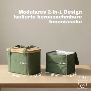 Grüne BigDean Picknicktasche mit herausnehmbarer Kühltasche und Bambusdeckel.