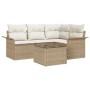 Beiges 5-tlg. vidaXL Garten-Sofa-Set aus Poly Rattan mit Tisch und Kissen.