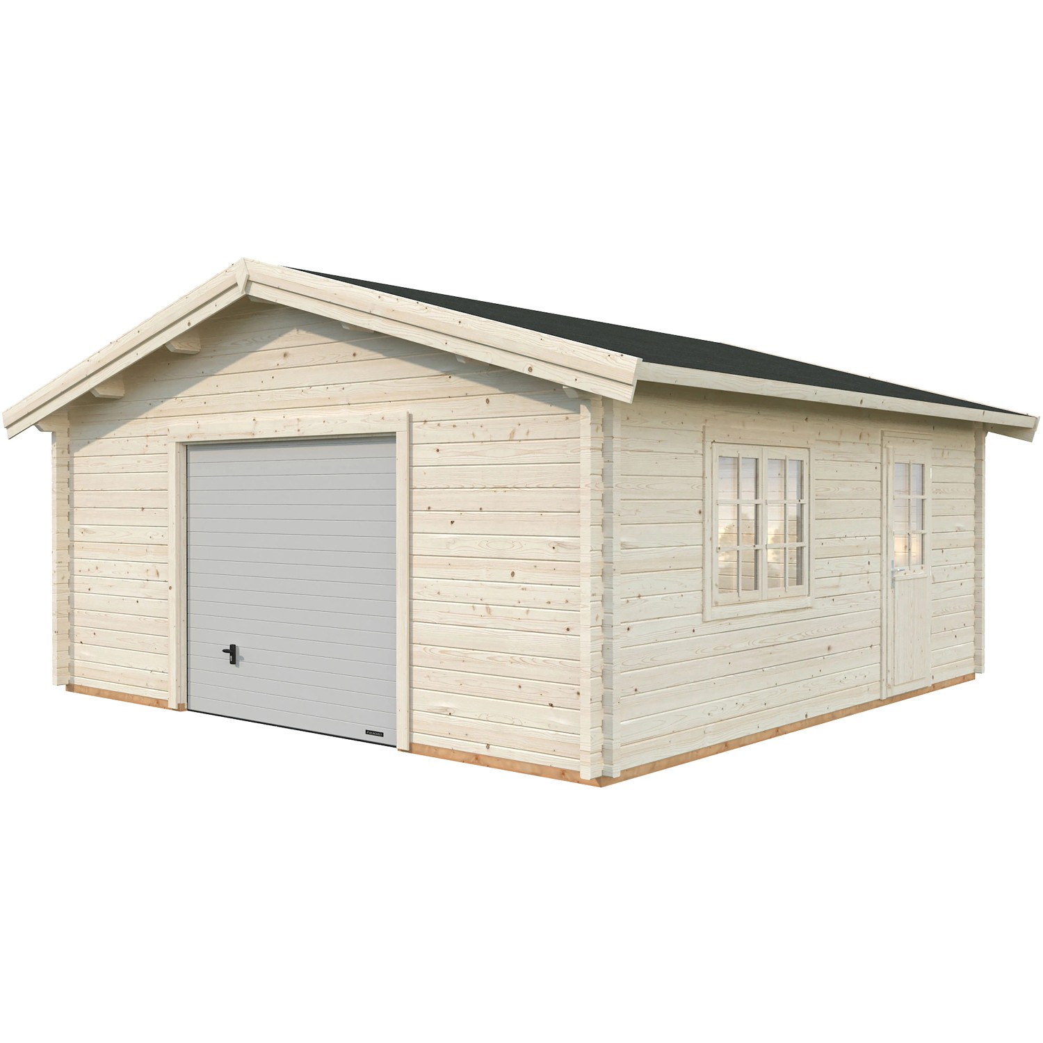 Palmako Holzgarage Roger, braun, mit Sektionaltor, Fenster und Tür. Fertiggarage aus Holz.