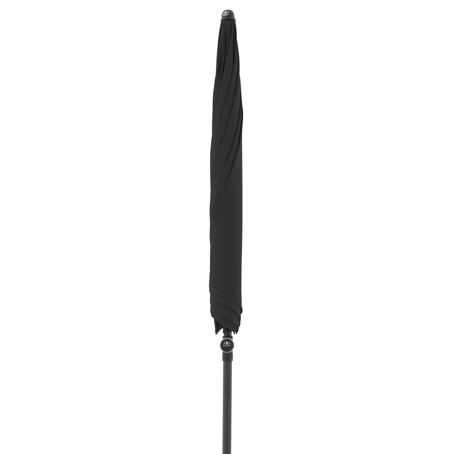 Geschlossener, anthrazitfarbener Doppler Marktschirm (Ø 208 cm) mit Handöffner.