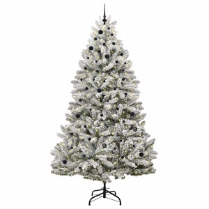 Künstlicher, weiß-grüner Weihnachtsbaum (270 cm) mit LED-Lichtern und schwarzen Kugeln.