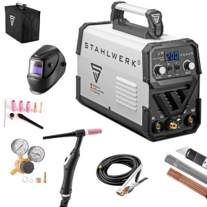 STAHLWERK WIG 200 ST Schweißgerät mit Zubehör: Schweißhelm, Brenner, Elektroden und Tasche.