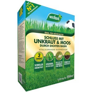 Westland Rasendünger Schluss mit Unkraut & Moos, 5,25 kg für 150 m², vitalisierend für dichten Rasen.
