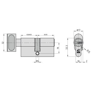 Technische Zeichnung: Basi Profil-Knaufzylinder V55, K30/30 mm, verschiedenschließend, mit Maßen.