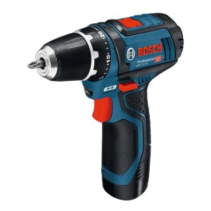 Blauer Bosch Professional Akku-Bohrschrauber GSR 12V-15 C mit Bit. Ideal für Schraub- und Bohrarbeiten.