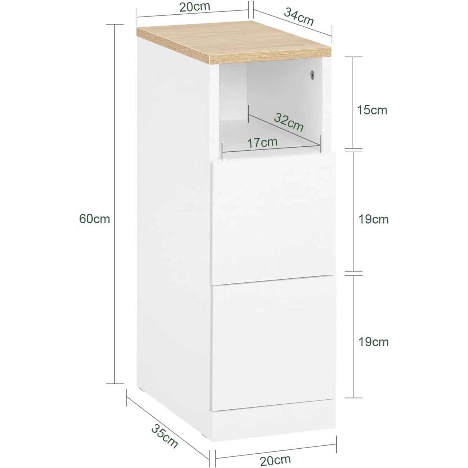 Schmaler weißer Nachttisch mit Holzplatte, offenem Fach und 2 Schubladen. Maße: 20x60x35cm. Ideal für kleine Räume.