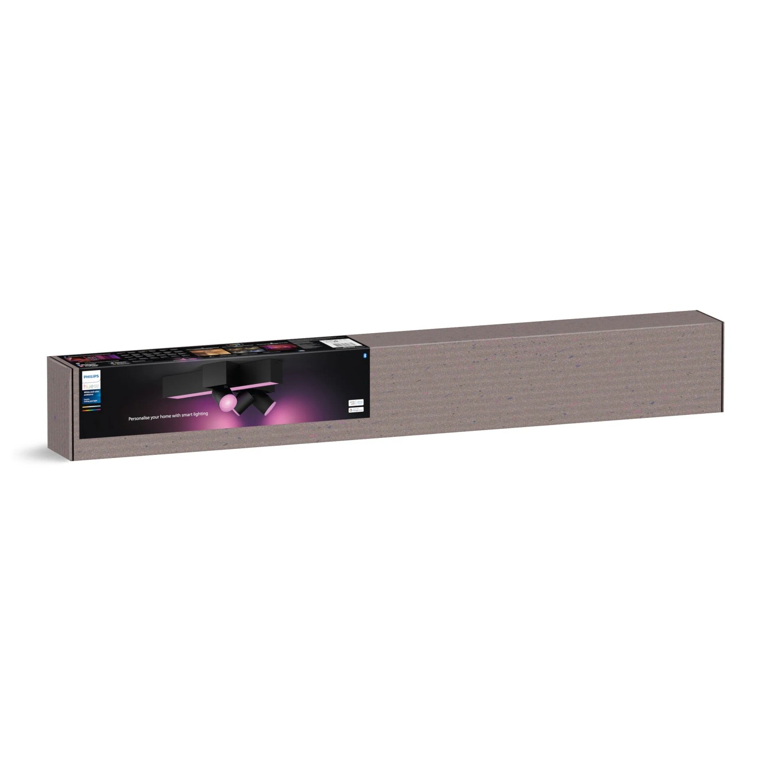 Verpackung der Philips Hue LED-Deckenleuchte Centris Cross mit 3 Spots in Schwarz.