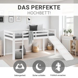 Weißes Homestyle4u Kinderhochbett 90x200 mit Leiter und Rutsche. Stabiles Abenteuerbett für das Kinderzimmer.