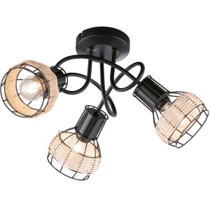 Schwarze 3-flammige Deckenleuchte Straw von Fischer & Honsel mit Rattanschirm, Ø 42 cm.