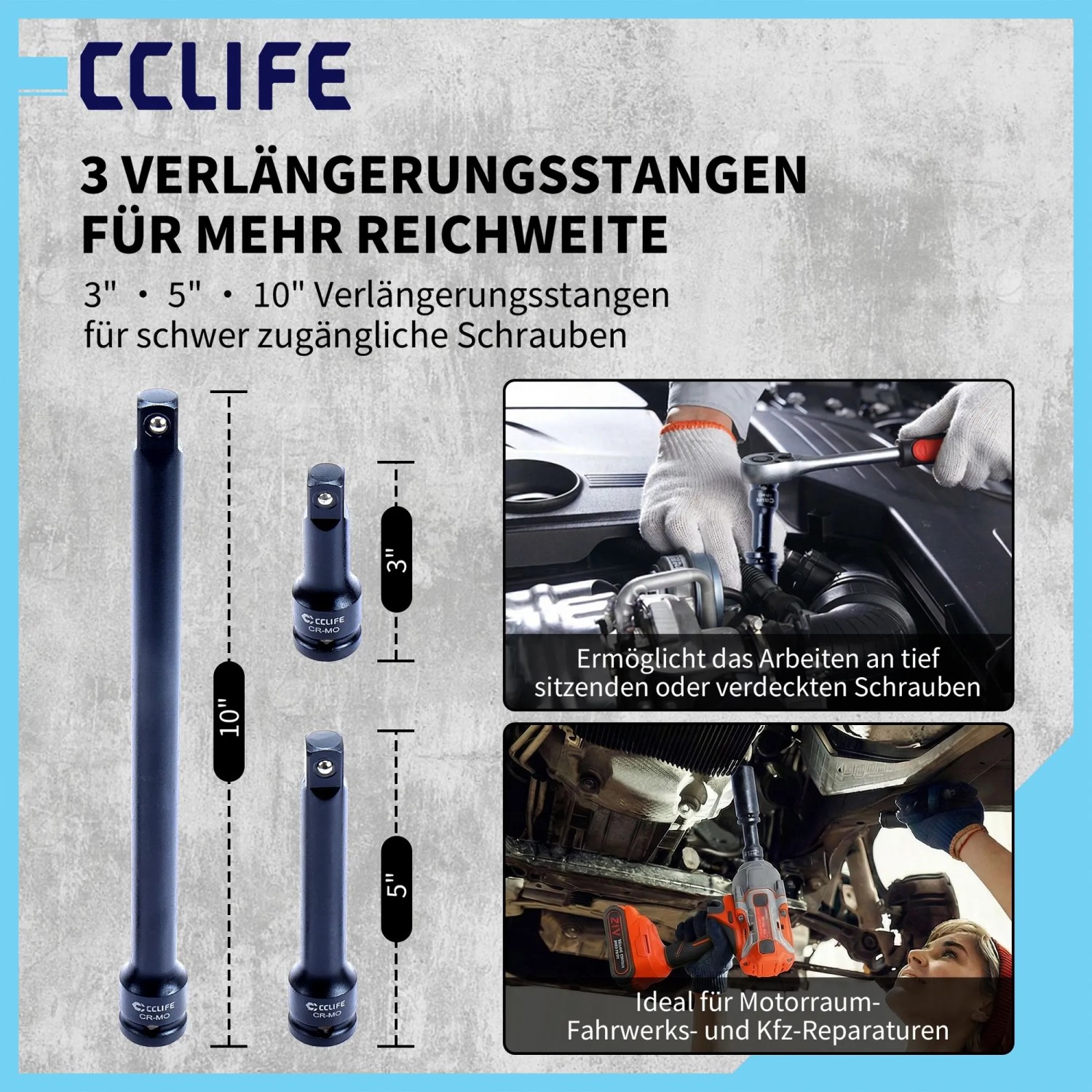 Drei schwarze CCLIFE Verlängerungsstangen (3, 5, 10 Zoll) für Schlagschrauber Nüsse. Ideal für schwer zugängliche Schrauben bei Kfz-Reparaturen.