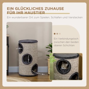 PawHut Kratztonne, 70 cm hoch, beige mit Sisalbezug, 3 Höhlen und Plüschrand. Eine Katze schaut aus einer Höhle.