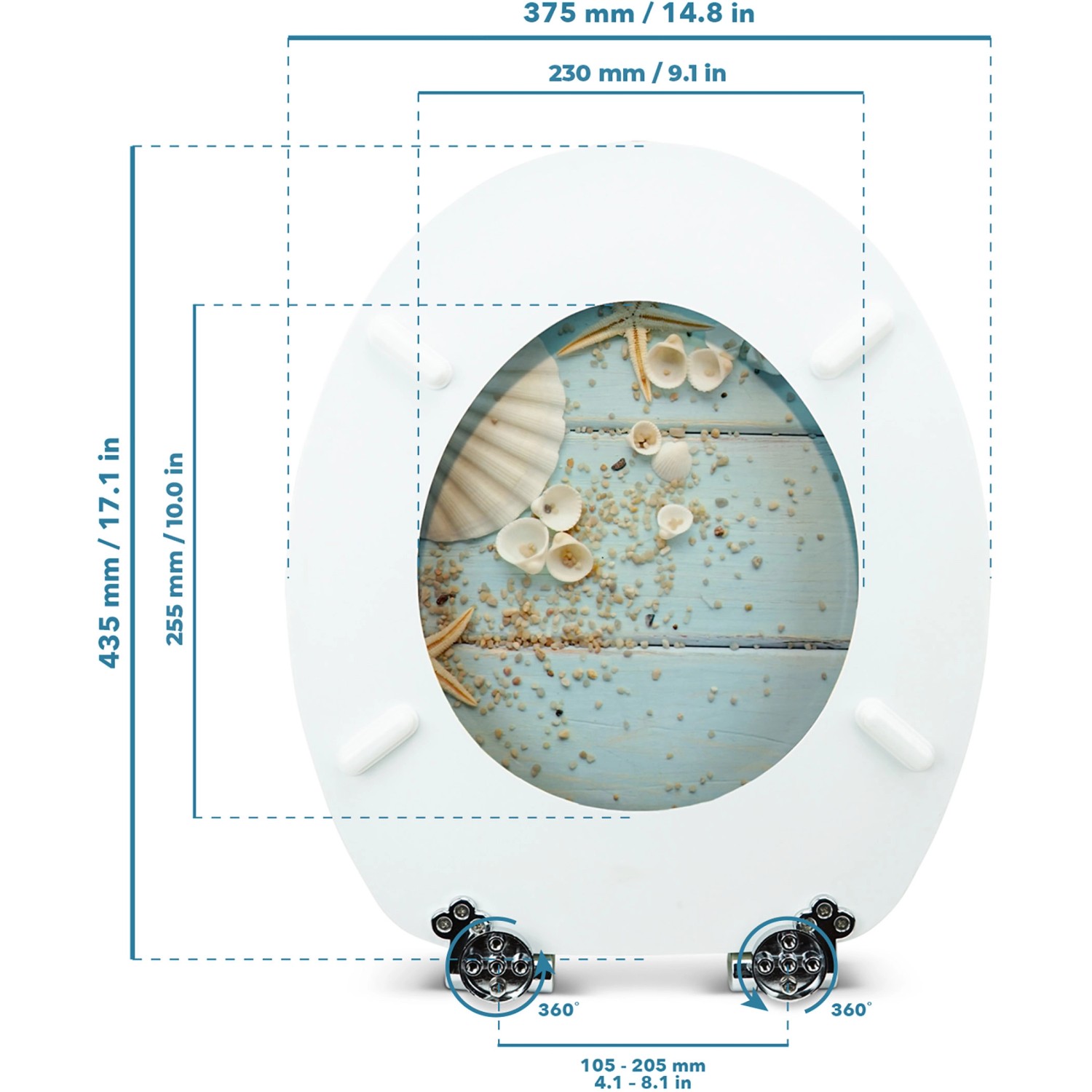 Sanfino WC-Sitz Caribbean Blue mit Absenkautomatik, Holz, Muschel-Motiv und Maßangaben.