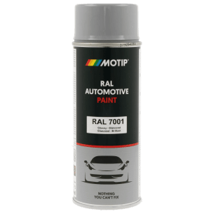 Graue Motip Automotive Sprühdose, glänzender Lack 400 ml, RAL 7001 für Lackreparatur.
