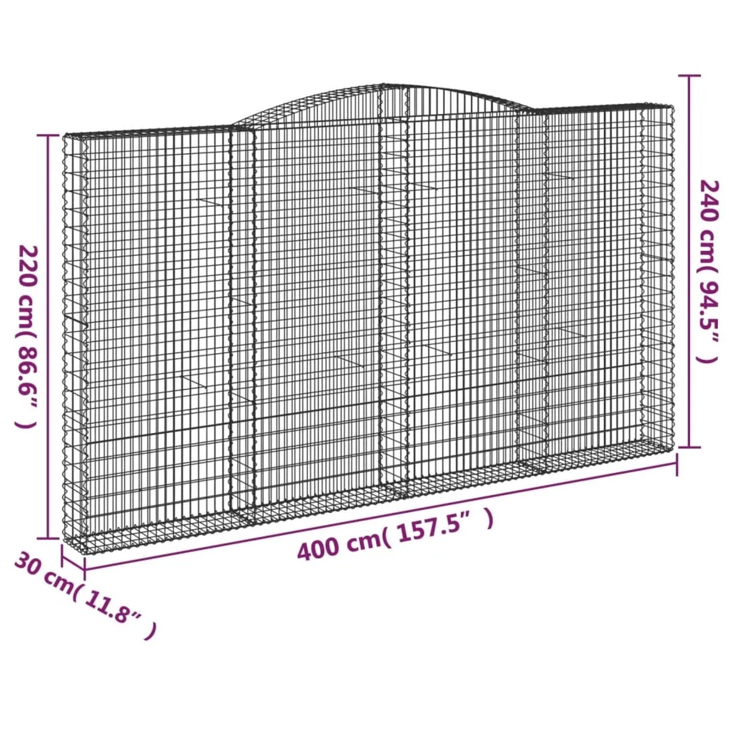 vidaXL Gabionen mit Hochbogen (7 Stk), 400x30x220/240cm, aus verzinktem Eisen. Ideal als Hochbeet oder Gartenmauer.