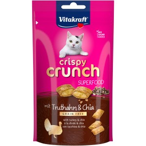 Vitakraft Crispy Crunch Truthahn & Chia, 60g Katzenleckerli im pinken Beutel.