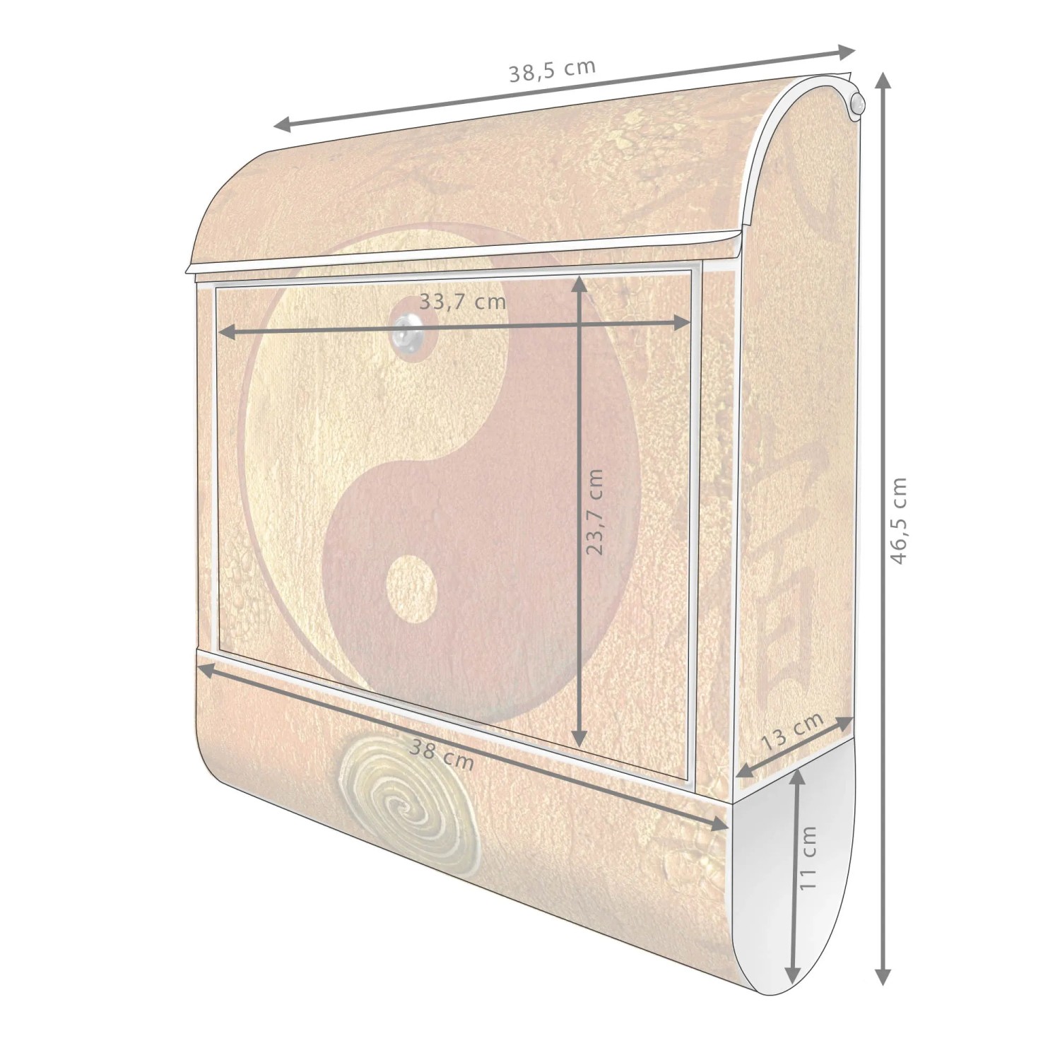 Weißer Banjado Design Briefkasten mit Yin Yang Motiv und Zeitungsfach, pulverbeschichtet.