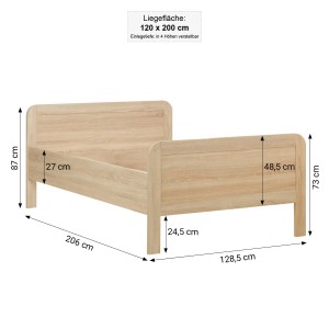 Homestyle4u Komfortbett 120x200 cm, Seniorenbett extra hoch, Eiche Sonoma Optik.