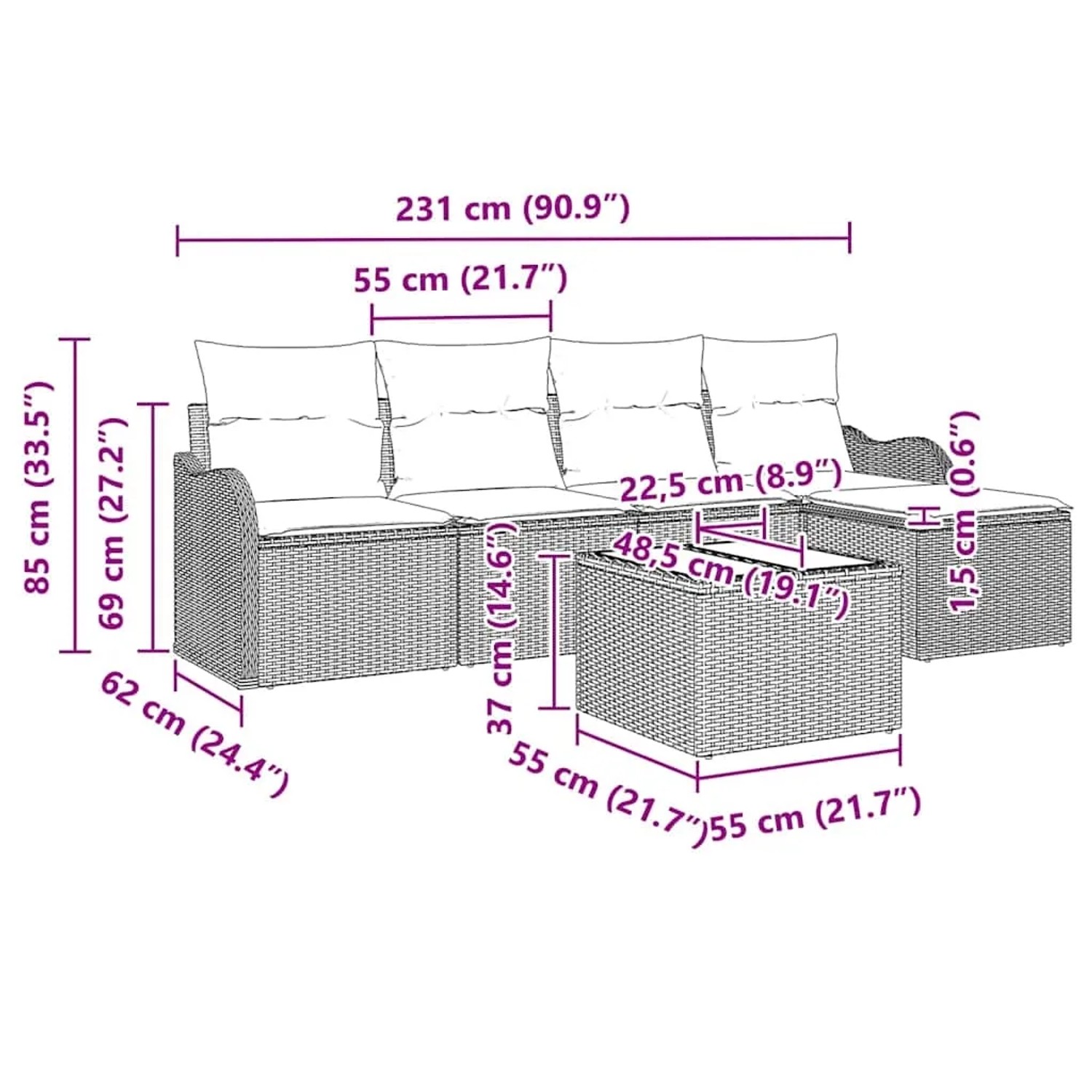 Beiges 6-tlg. vidaXL Garten-Sofa-Set aus Poly Rattan mit Tisch und Kissen, Maße eingezeichnet.