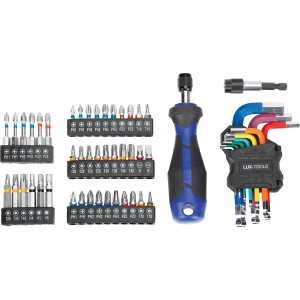 LUX Bit- und Steckschlüssel-Set, 53-teilig mit Schraubendreher, Bits, Steckschlüsseln und Halterung.