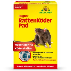Neudorff Sugan Rattenköder Pad 400g: Köderpackung mit Ratte, ideal zur Bekämpfung in Köderstationen.