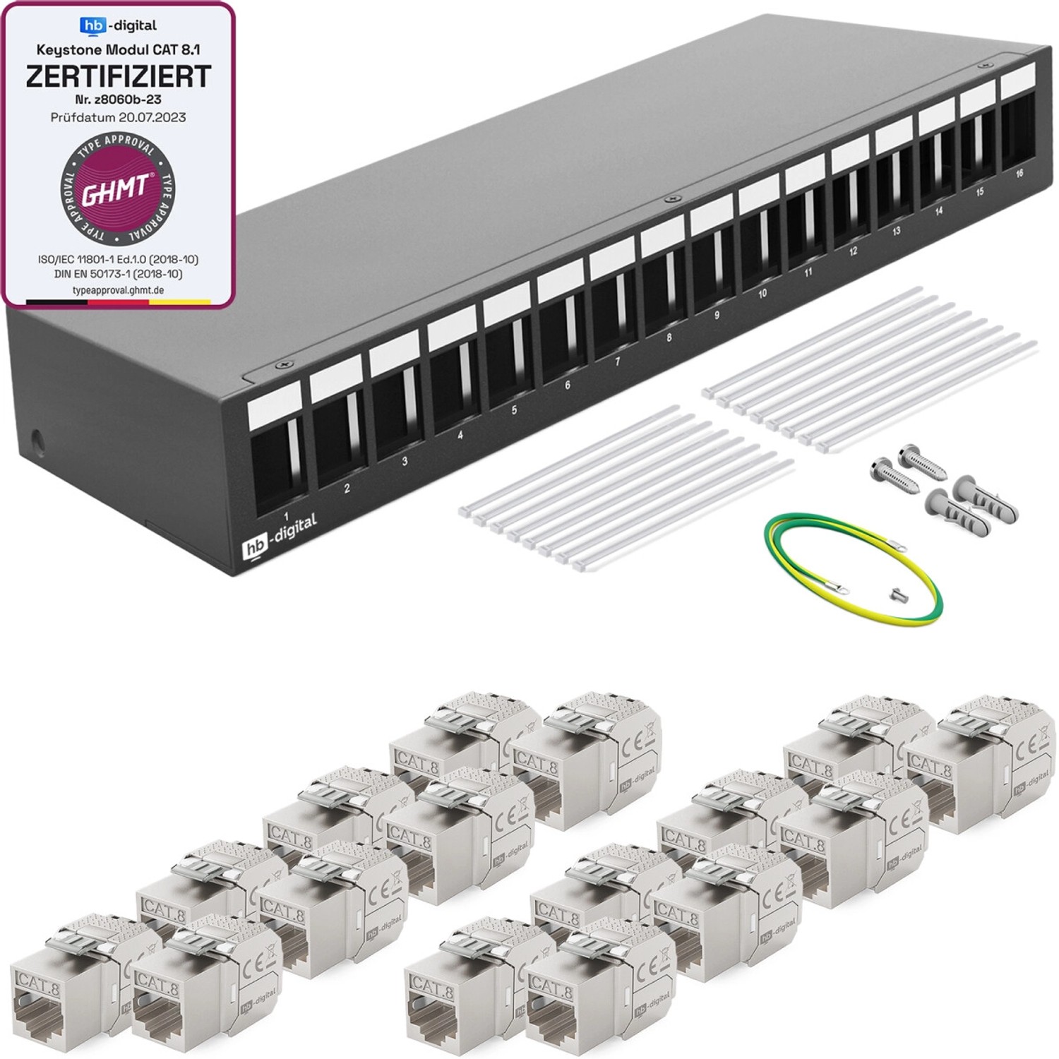 hb-digital Patchpanel 16 Port mit 16x Keystone Module Cat 8 Schwarz