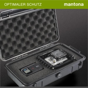 Offener schwarzer Mantona Outdoor Schutzkoffer mit Kamera und Fernbedienung in passgenauen Schaumstoffeinlagen. Ideal für Fotoausrüstung.