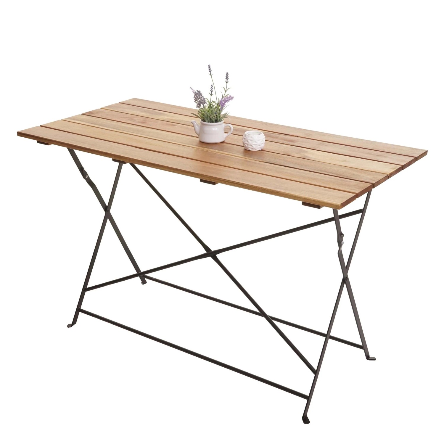 Klappbarer Gartentisch aus naturfarbenem Akazienholz mit schwarzem Stahlgestell. Ideal für Balkon, Garten, Terrasse.