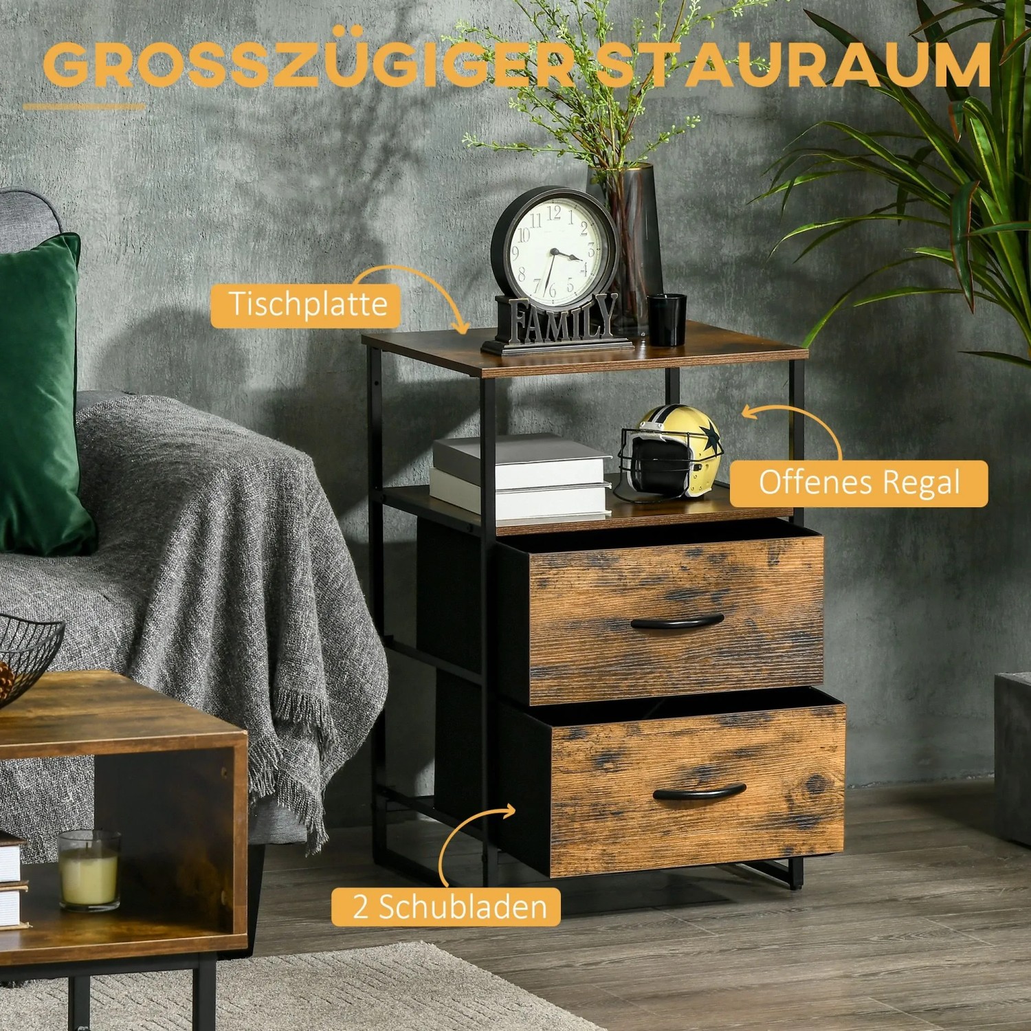 Rustikal-braune HOMCOM Kommode/Sideboard mit schwarzem Stahlrahmen, 2 Schubladen und 2 offenen Ablagen.