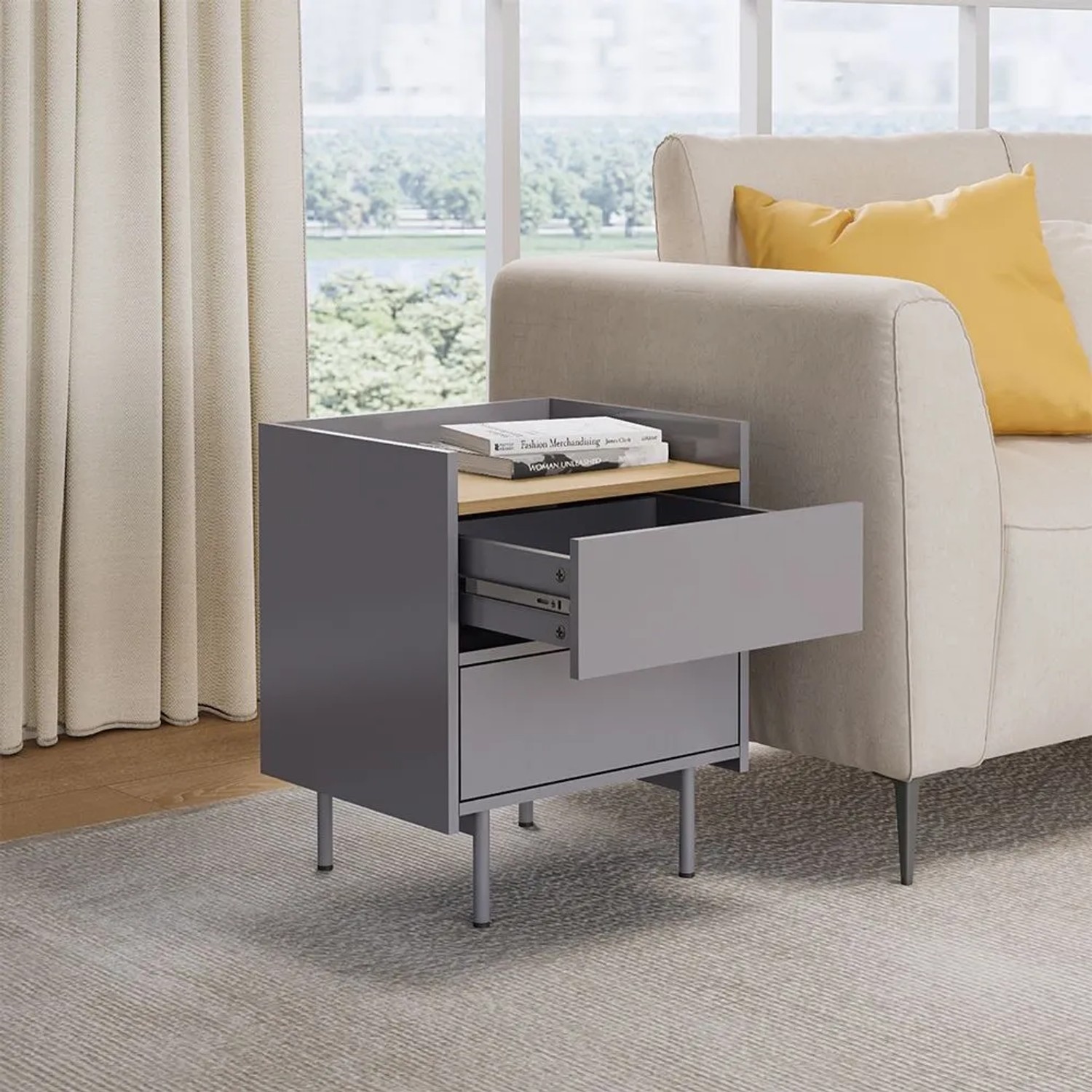 Vicco Nachttisch Velina Grau Eiche 48 x 58 mit 2 Schubladen_4