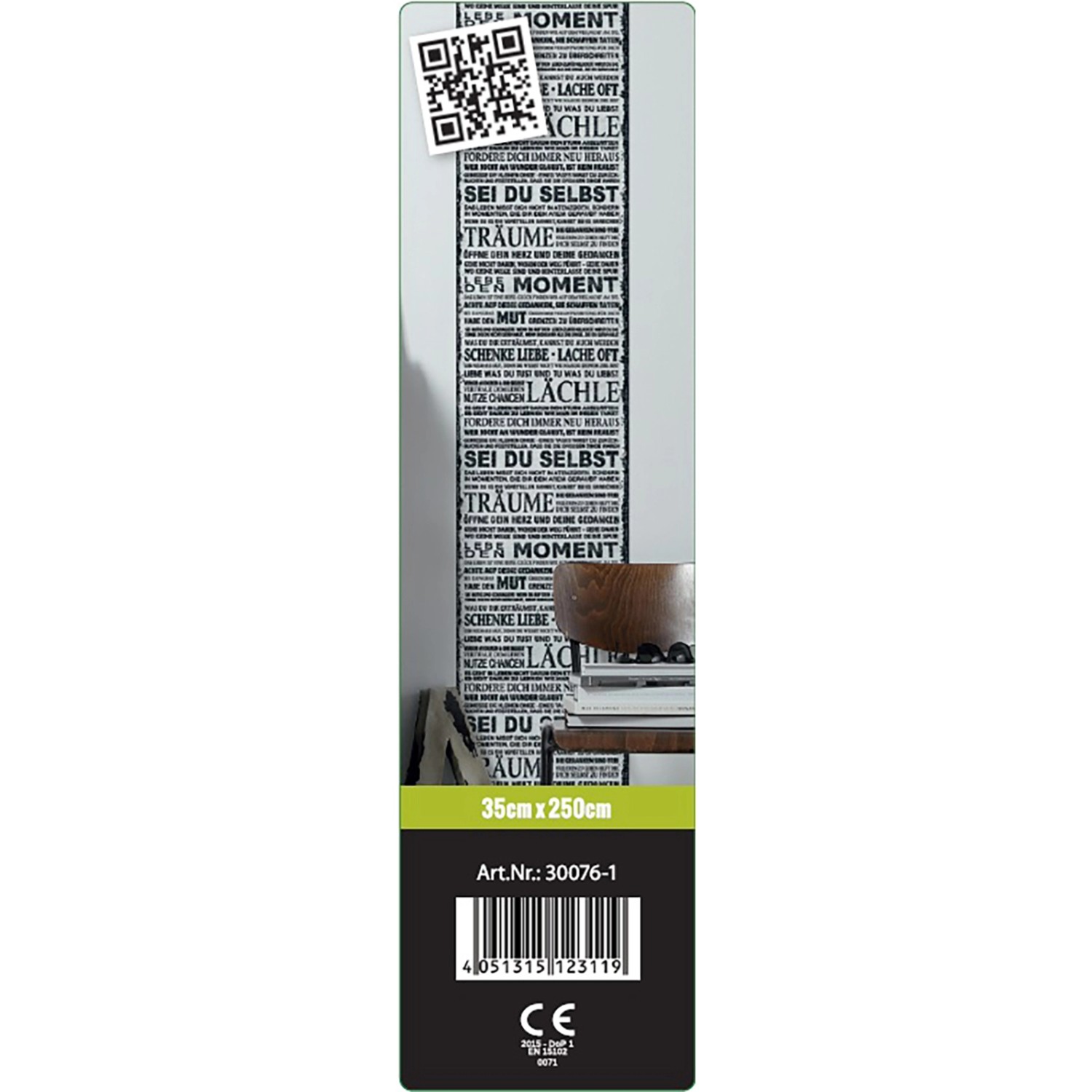 Selbstklebende Tapete mit Motivationssprüchen in Schwarz-Weiß für Bad und Küche.