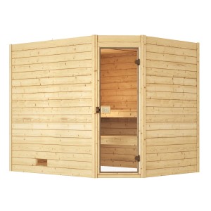 Weka Massivholzsauna Valida Eck mit Glastür, naturbelassenes Fichtenholz. Platzsparende Ecksauna ohne Ofen.