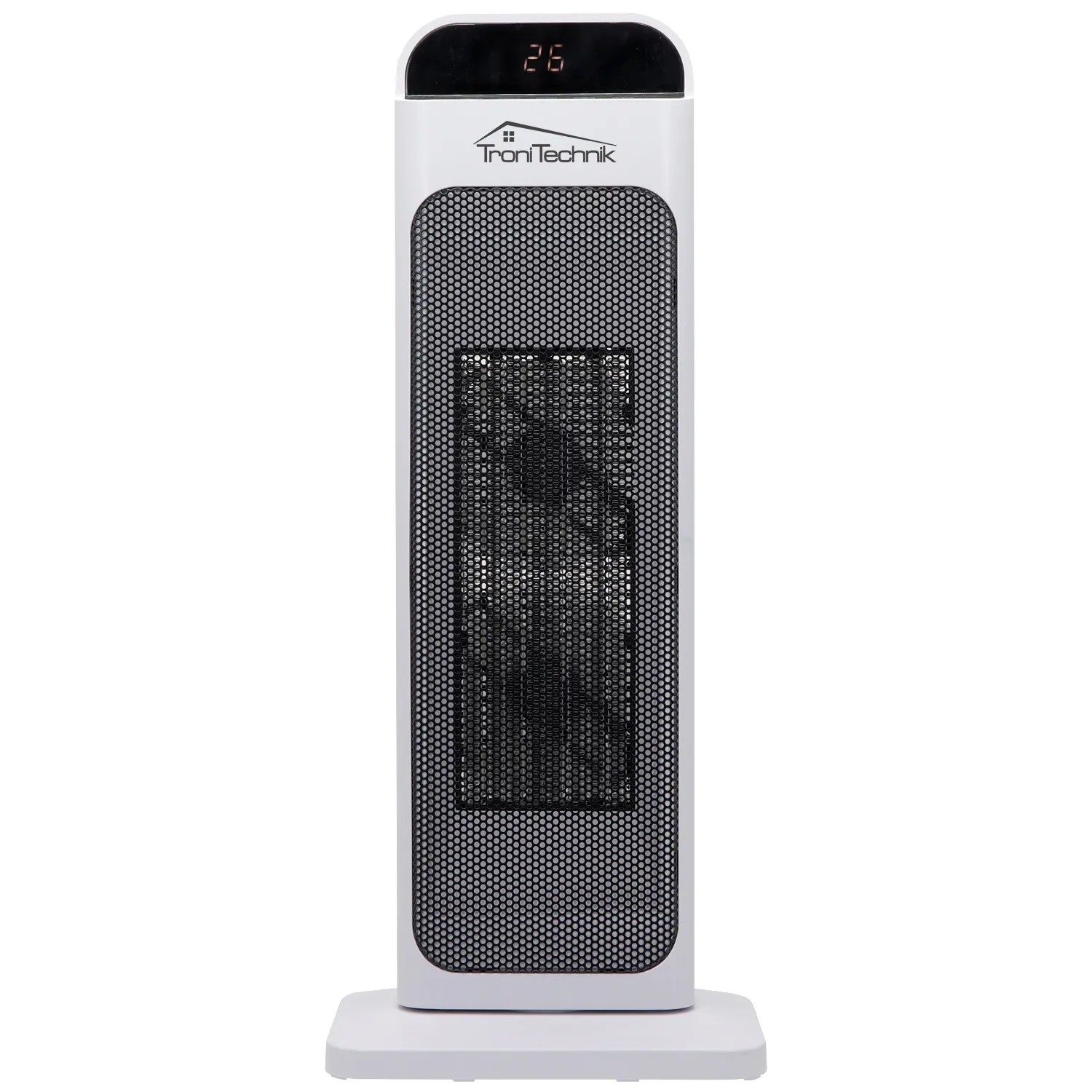Weißer TroniTechnik Turm-Keramikheizer mit LCD-Display und WIFI-Funktion.