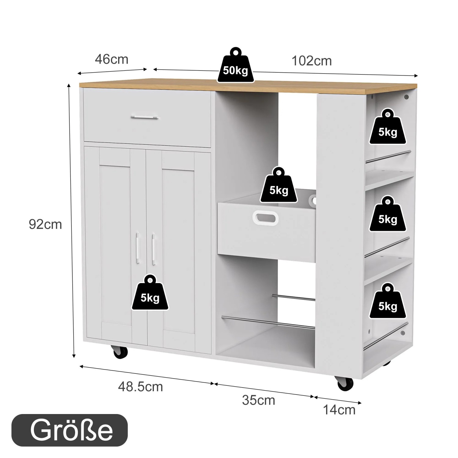 PXloue Küchenschrank auf Rollen-Sideboard mit Schublade Arbeitsplatte & Handtuchhalter Weiß_8
