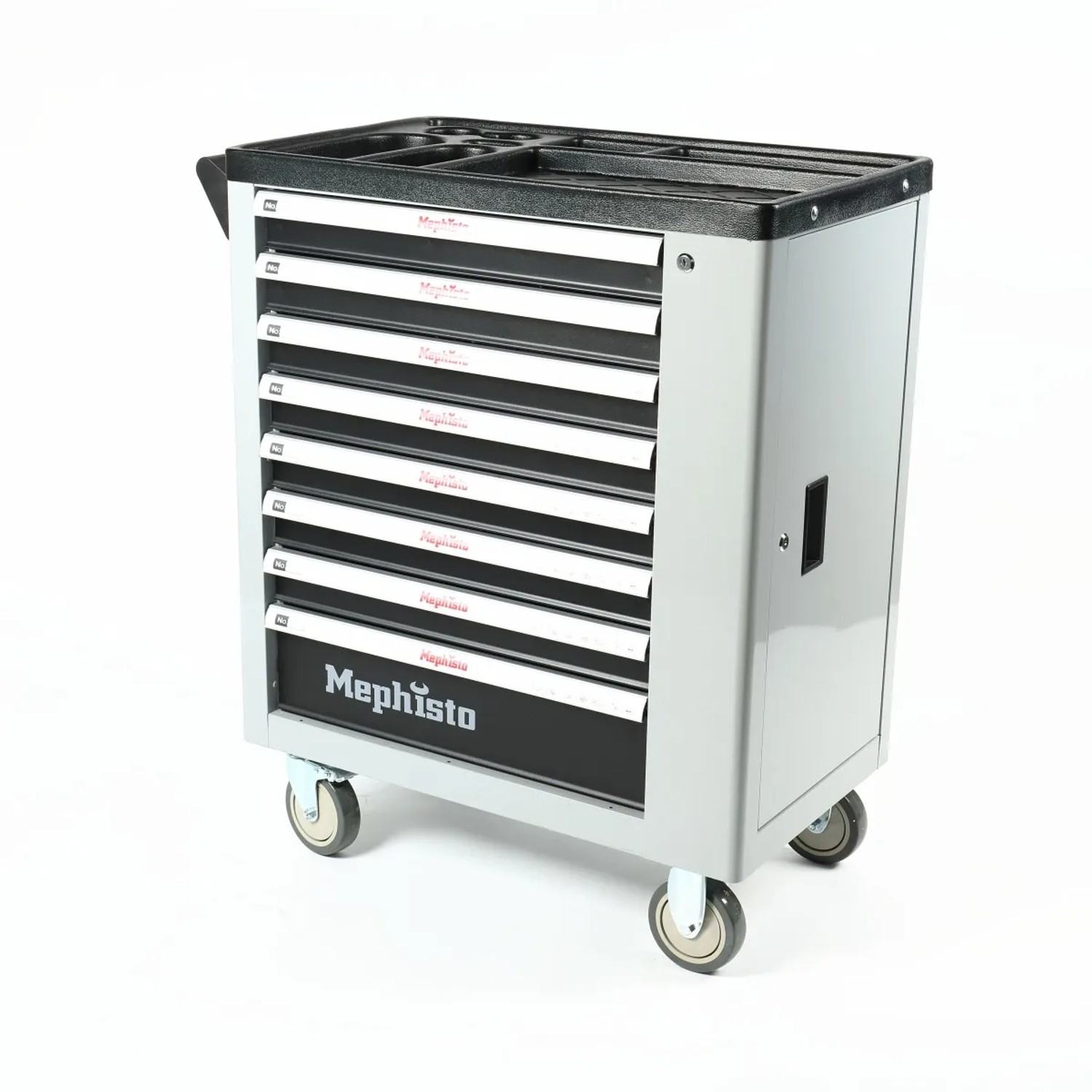 Mephisto XXL Werkzeugwagen mit 8 Schubladen, 7 davon gefüllt mit Werkzeug aus Chrom Vanadium Stahl.