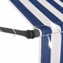 vidaXL Markise blau-weiß gestreift mit LED-Beleuchtung. Detail von Stoff und dunklem Arm mit LEDs.