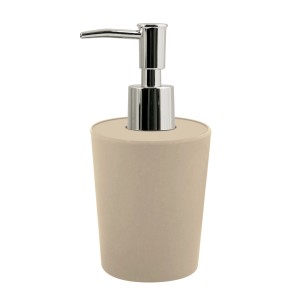 Beiger Takeo Seifenspender aus Bambusfaser mit Chrom-Pumpe.