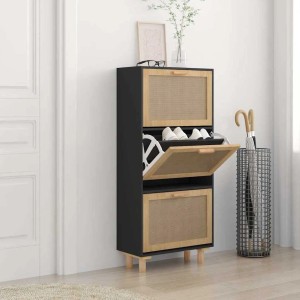 Schwarzer vidaXL Schuhschrank mit Rattan, 52x25x115 cm, Holzwerkstoff. Schuhkommode mit Kippfächern.