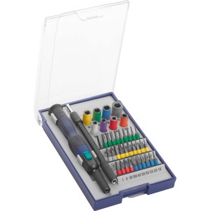 40-teiliges LUX Schraubendreherset mit Bits, Steckschlüsseln und Verlängerung in Kunststoffbox.