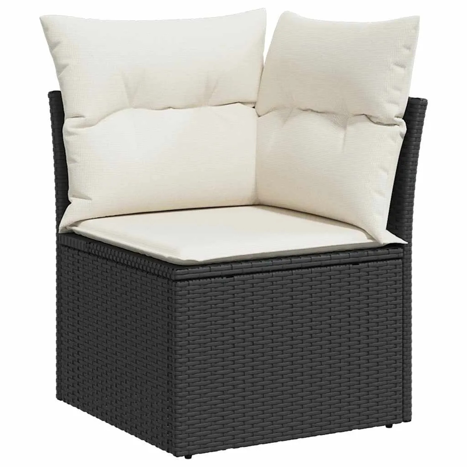 Schwarzes vidaXL Gartenmöbel Ecksofa aus Rattan mit weißen Kissen.