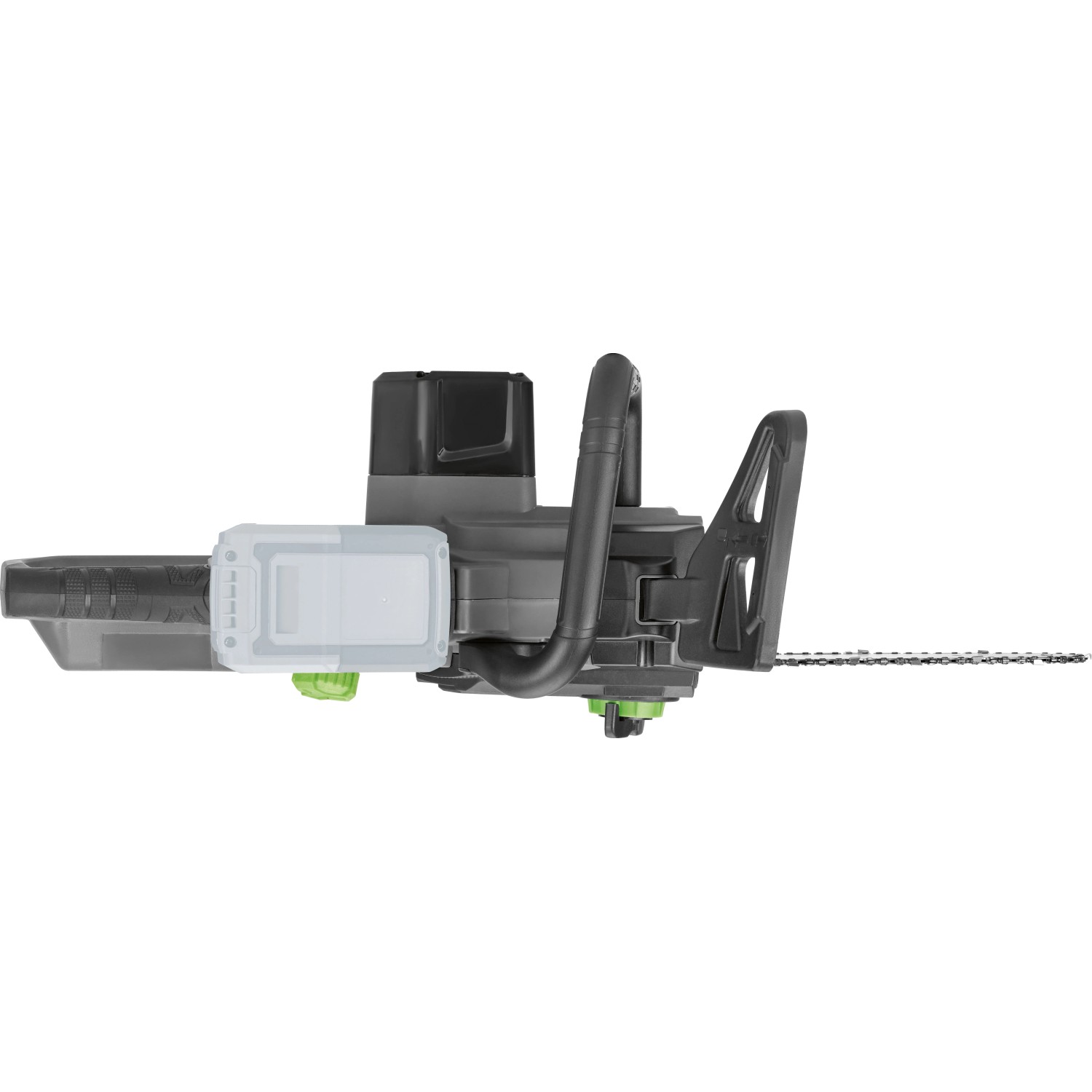 LUX-TOOLS 20V Akku-Kettensäge in Grau-Schwarz mit 31 cm Schwert, seitliche Ansicht. Kabellose Kettensäge für den Garten.